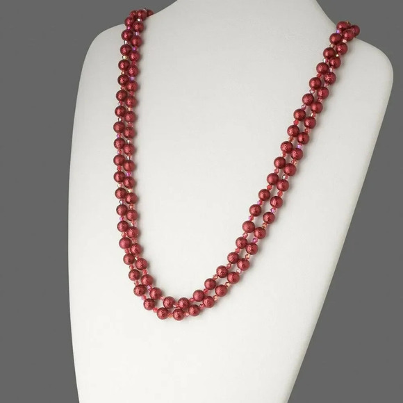Retro Textured Glass Pearl Opera Length Necklace Red - Picture 1 of 2
